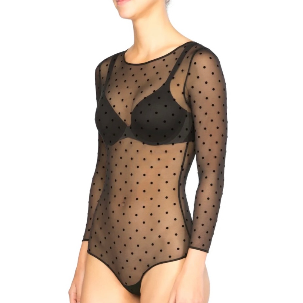 SPANX Black Polka Dot Sheer Long Sleeve Bodysuit